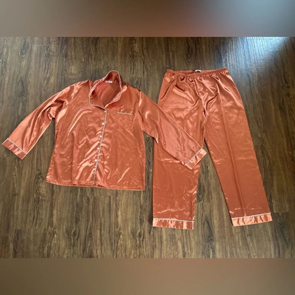 Satin Two-Piece Pajama Set in Rust